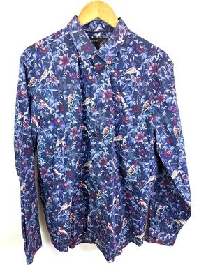 M & S Autograph Men's Navy Floral & Bird Print Button-Up Shirt size L